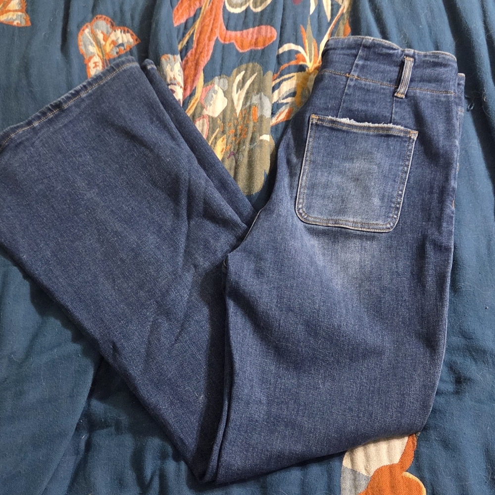 High-Rise Flare Leg Jeans With Light Distressing in Dark Blue
